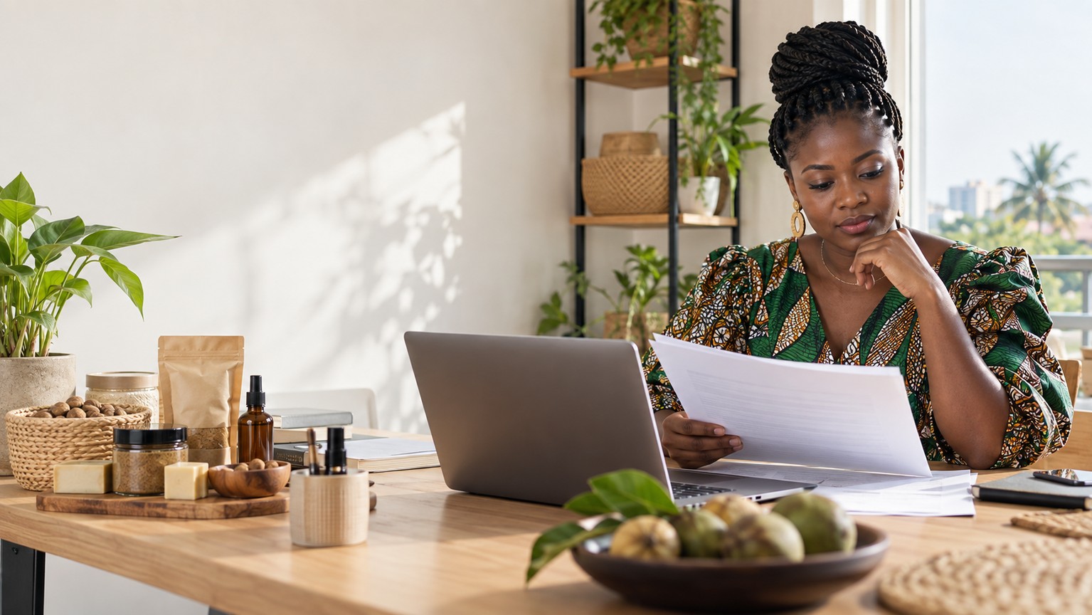 Entrepreneure ouest-africaine qui prépare un Business Plan dans un espace de travail lumineux.