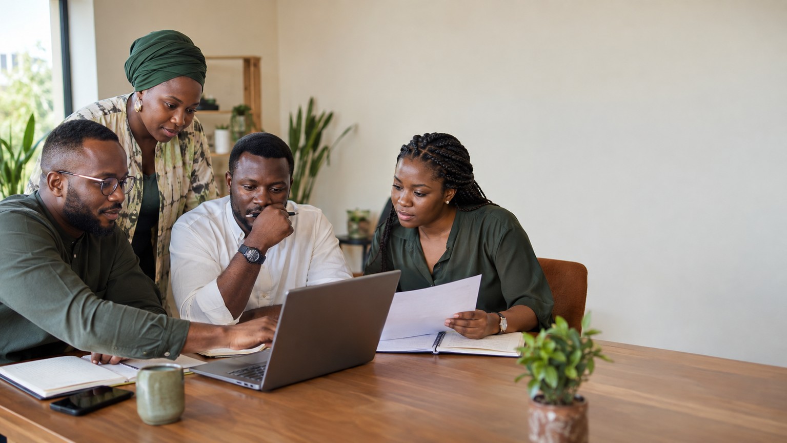 Équipe ouest-africaine qui consulte un guide et un ordinateur dans un espace lumineux.