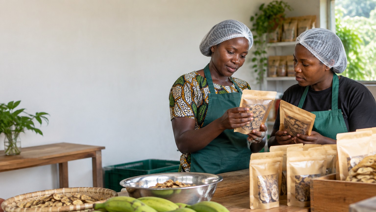 Deux professionnelles préparent et contrôlent des produits agroalimentaires dans un atelier.